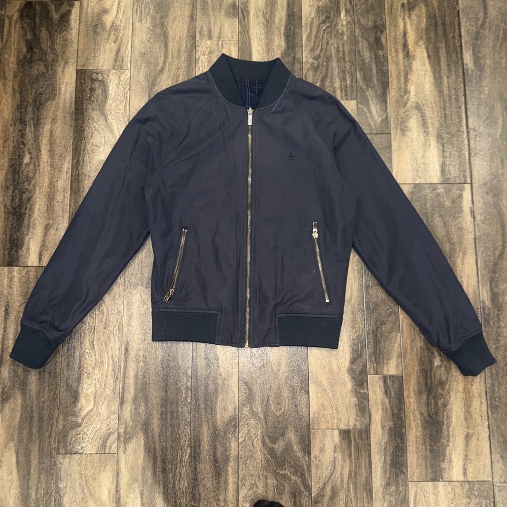 Penguin Full-Zip Reversible Check-Patterned Navy Bomber Jacket Men's Size S
